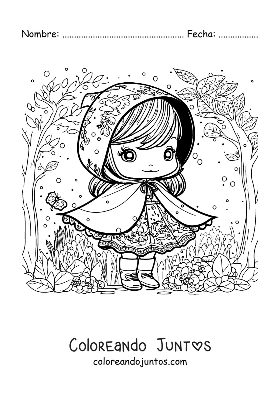 Imagen para colorear de Caperucita Roja animada kawaii en el bosque