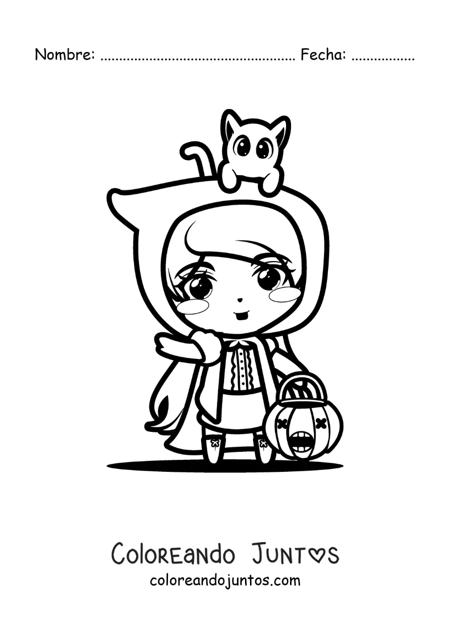 Imagen para colorear de disfraz de Caperucita Roja kawaii de halloween