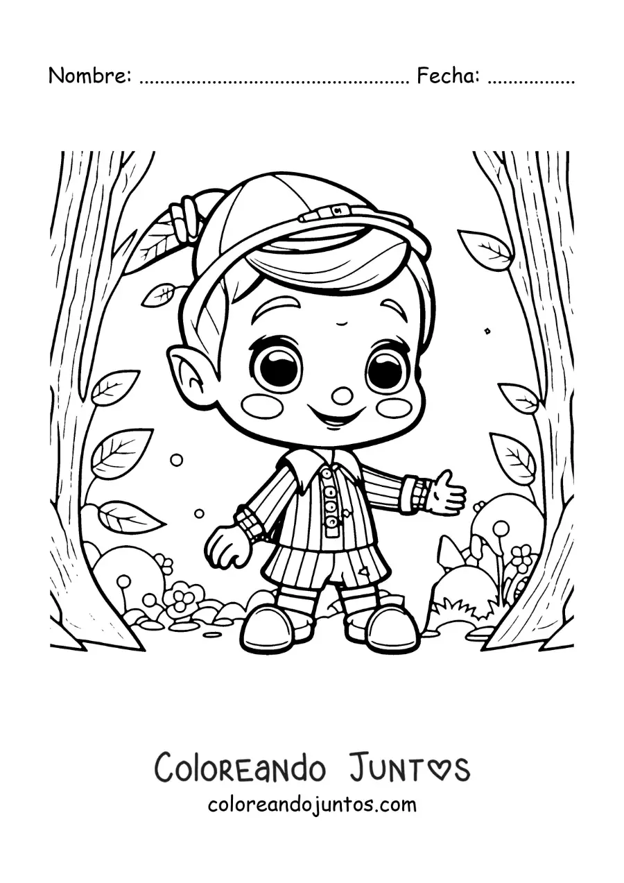 Imagen para colorear de Pinocho kawaii en el bosque