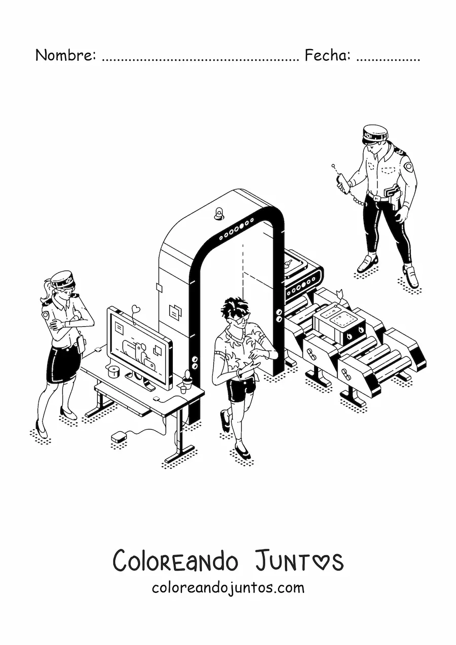 Imagen para colorear de un par de policías de seguridad en el aeropuerto