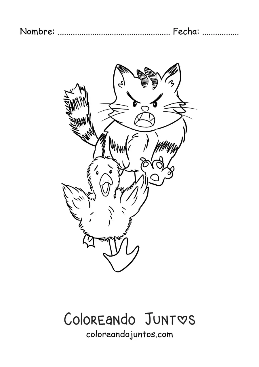 Imagen para colorear de el Patito Feo animado huyendo de un gato