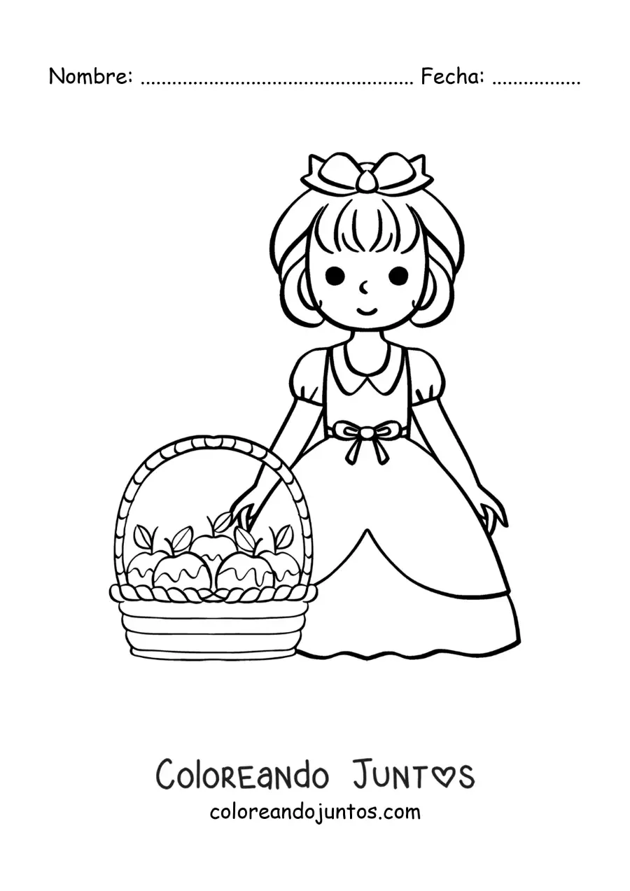 Imagen para colorear de Blancanieves animada con una canasta de manzanas