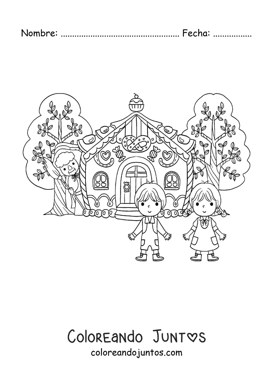 Imagen para colorear de Hansel y Gretel en la casa de la bruja