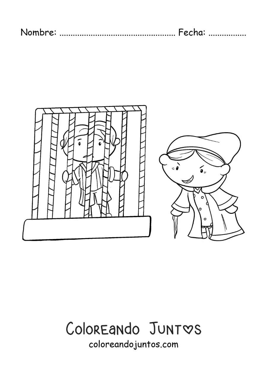 Imagen para colorear de Hansel y Gretel encerrados en la casa de la bruja