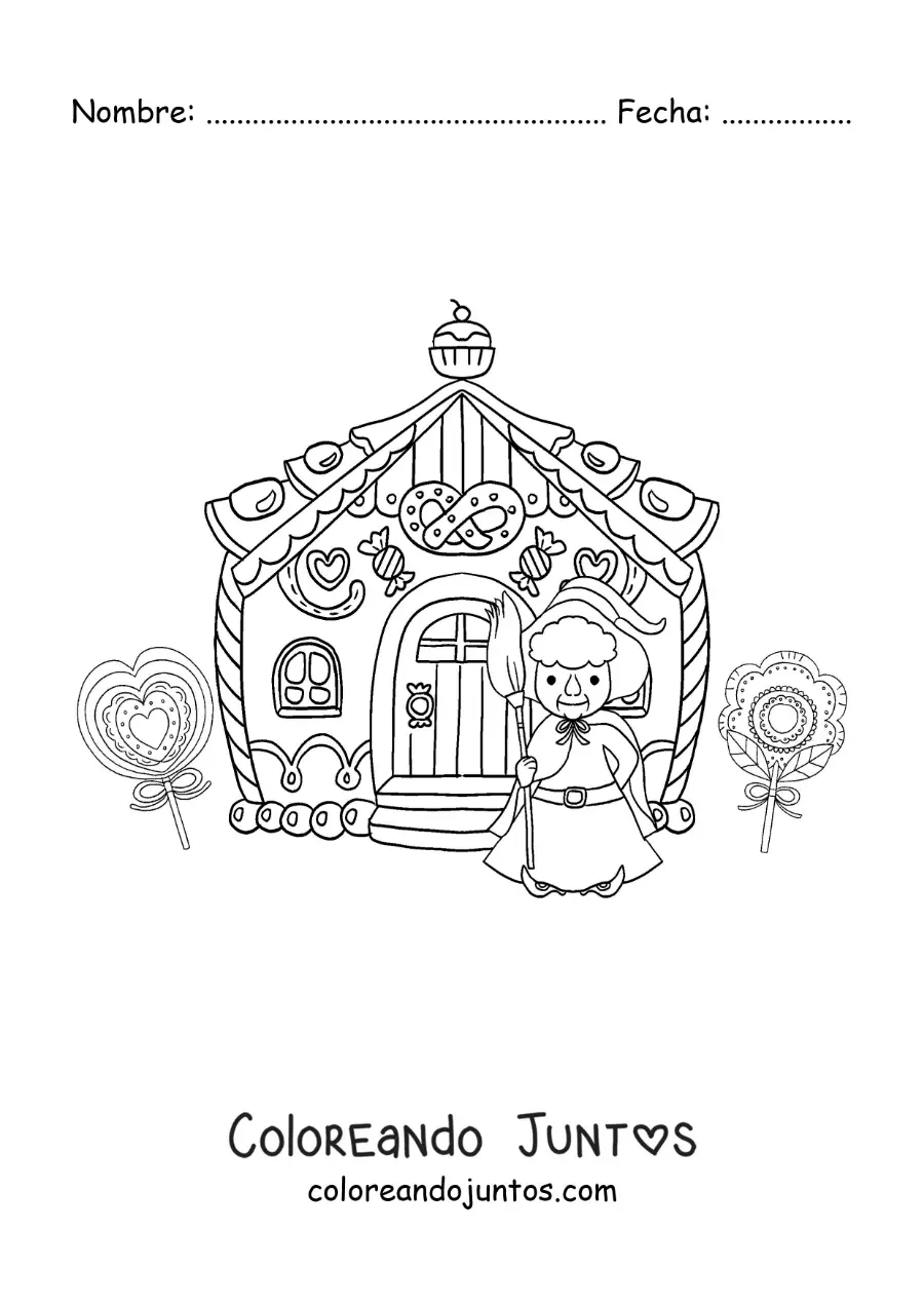 Imagen para colorear de la bruja de Hansel y Gretel con su casa de dulce