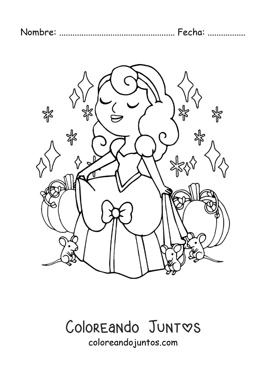 Imagen para colorear de Cenicienta con su vestido junto al carruaje y los ratoncitos