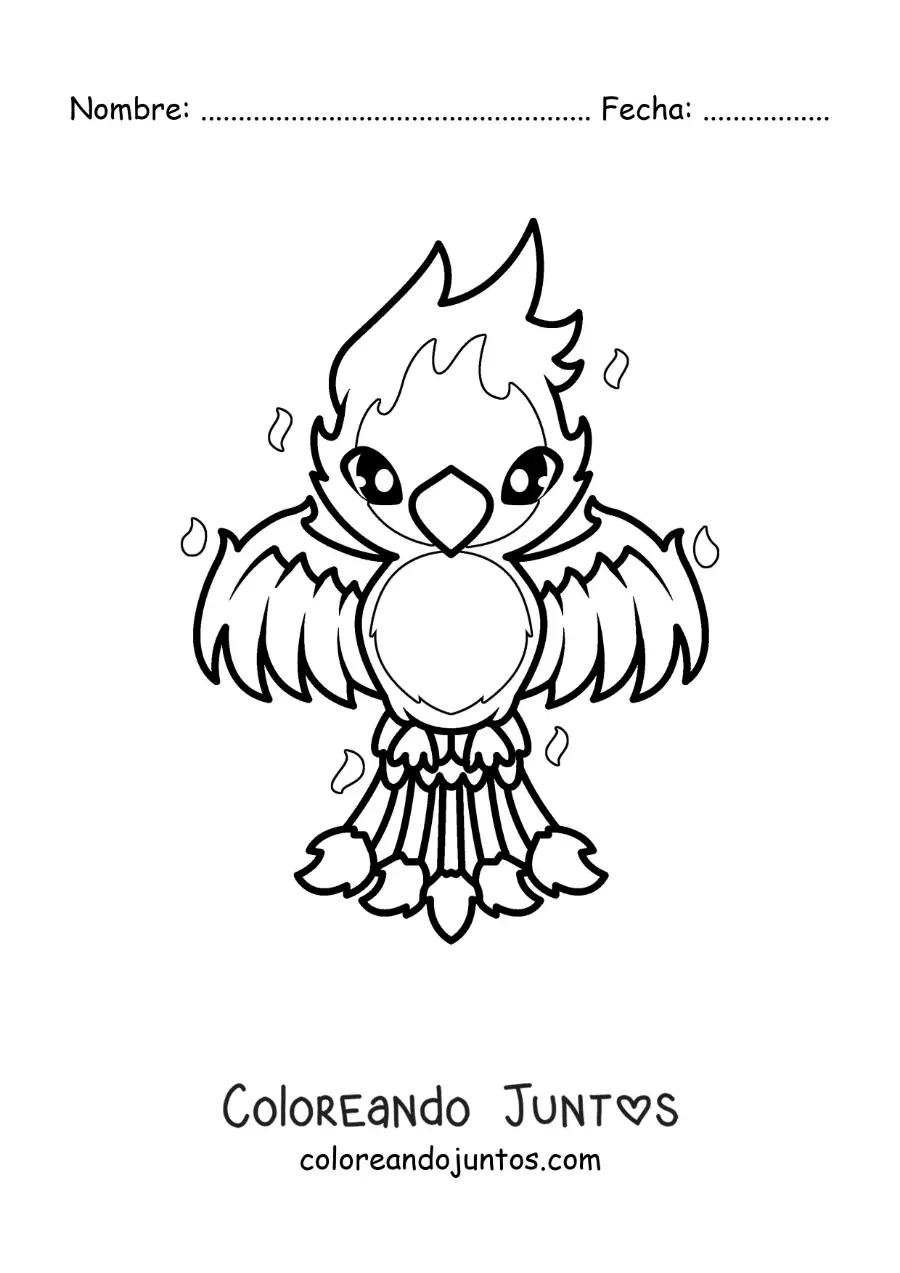 Imagen para colorear de fénix kawaii en llamas