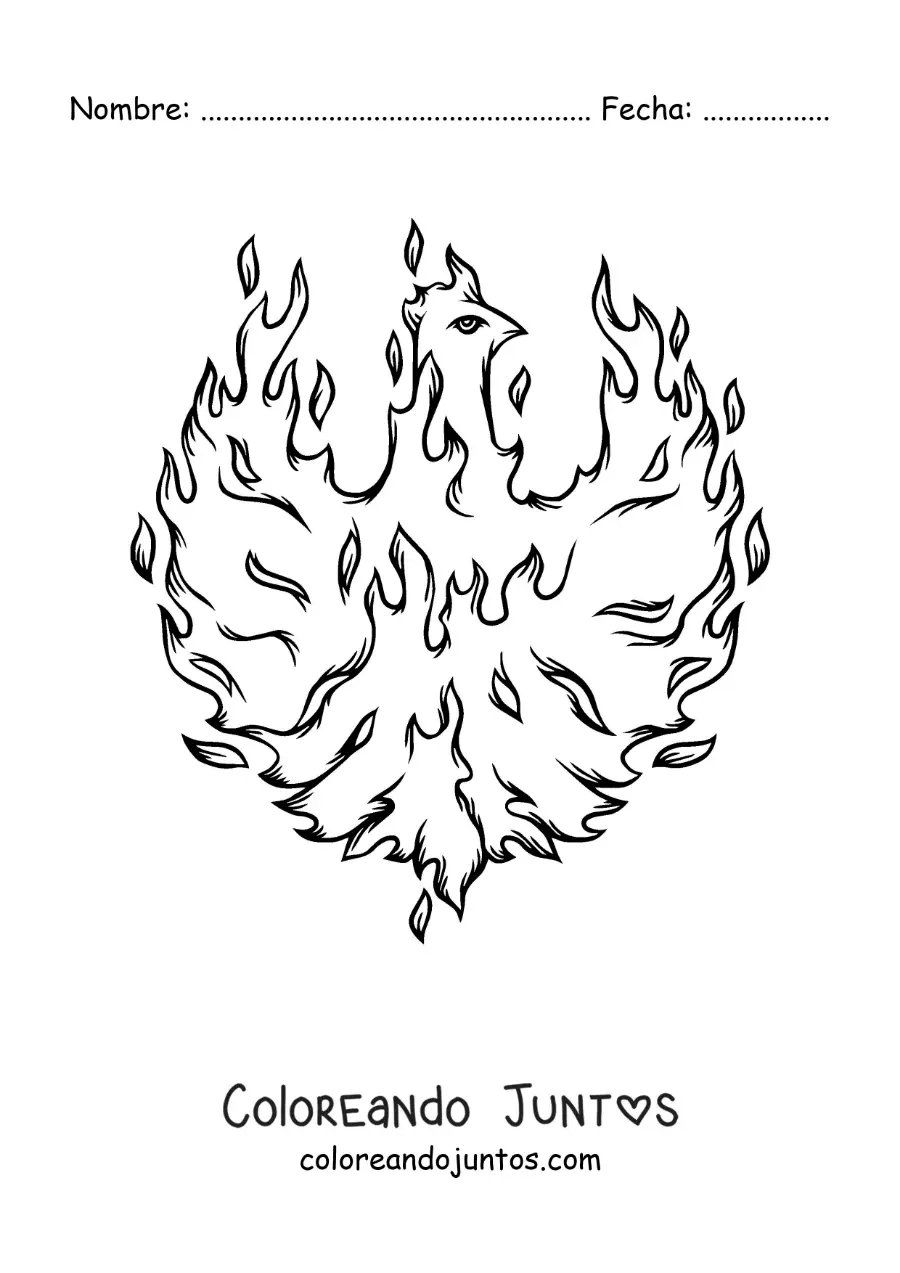 Imagen para colorear de un ave fénix en llamas