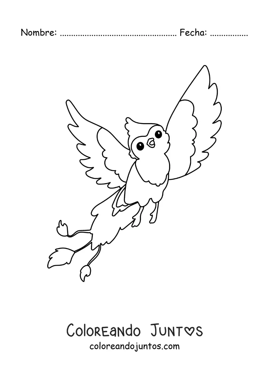 Imagen para colorear de ave fénix kawaii animado
