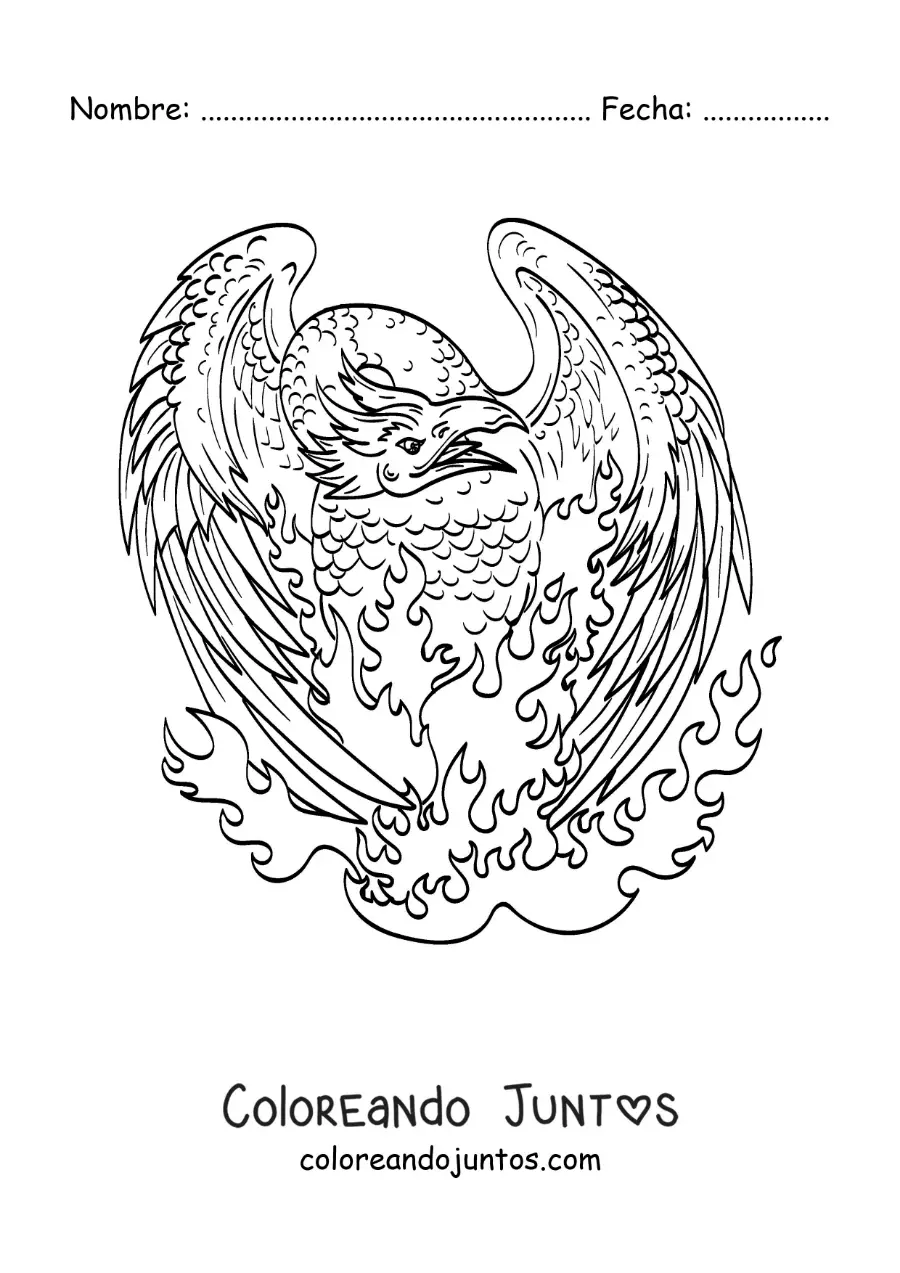Imagen para colorear de fénix en llamas renaciendo