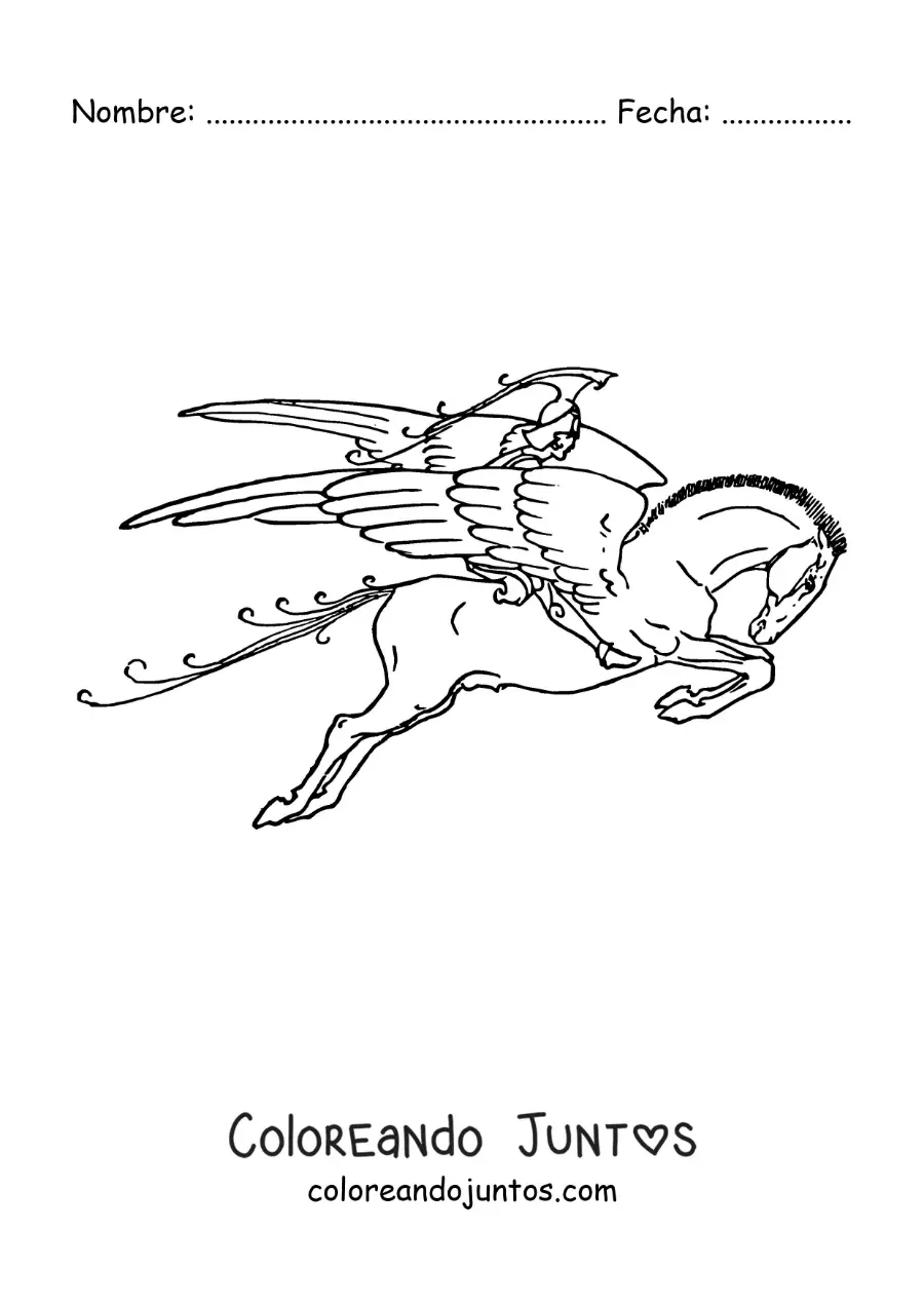 Imagen para colorear de Belerofonte volando sobre Pegaso