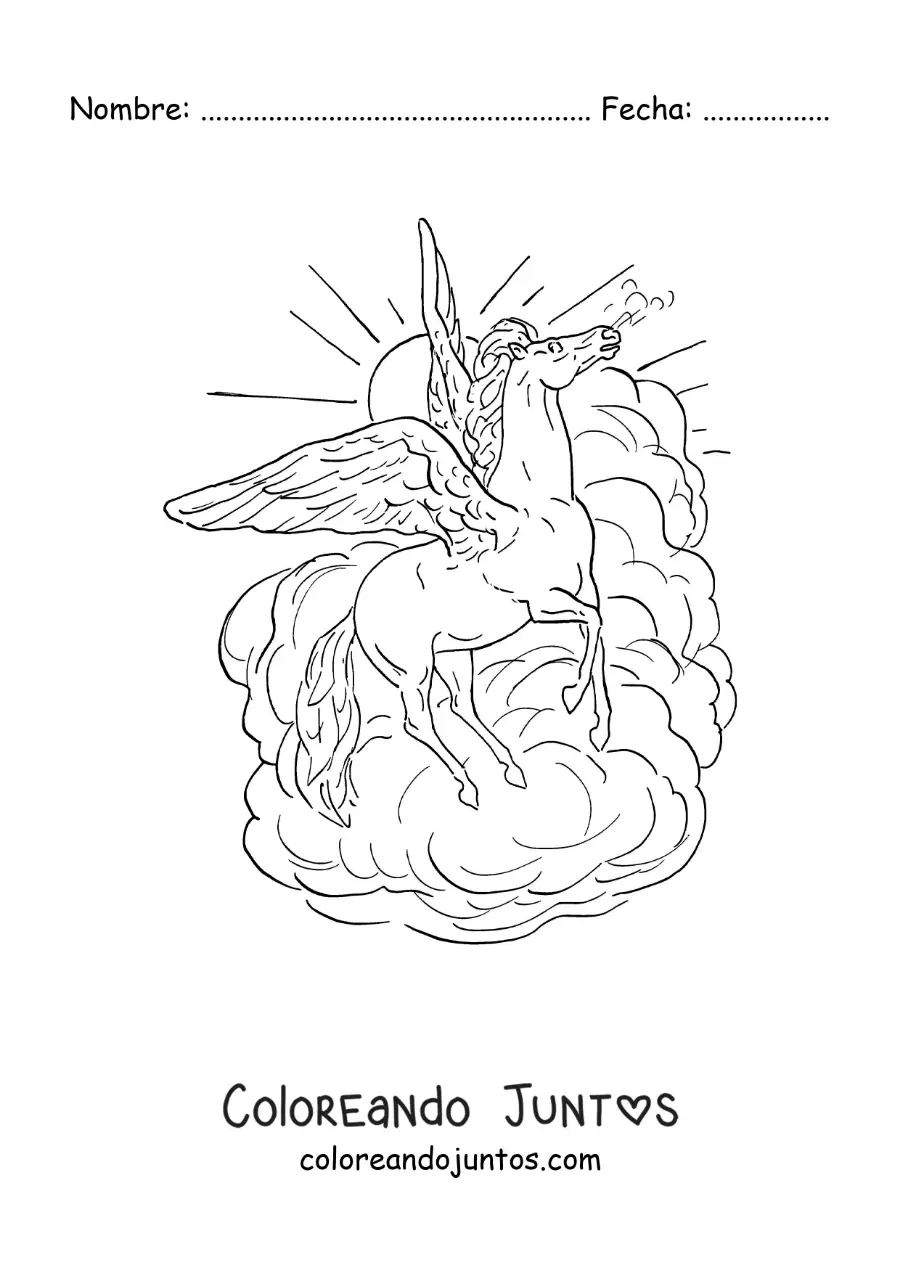 Imagen para colorear de Pegaso volando en el cielo