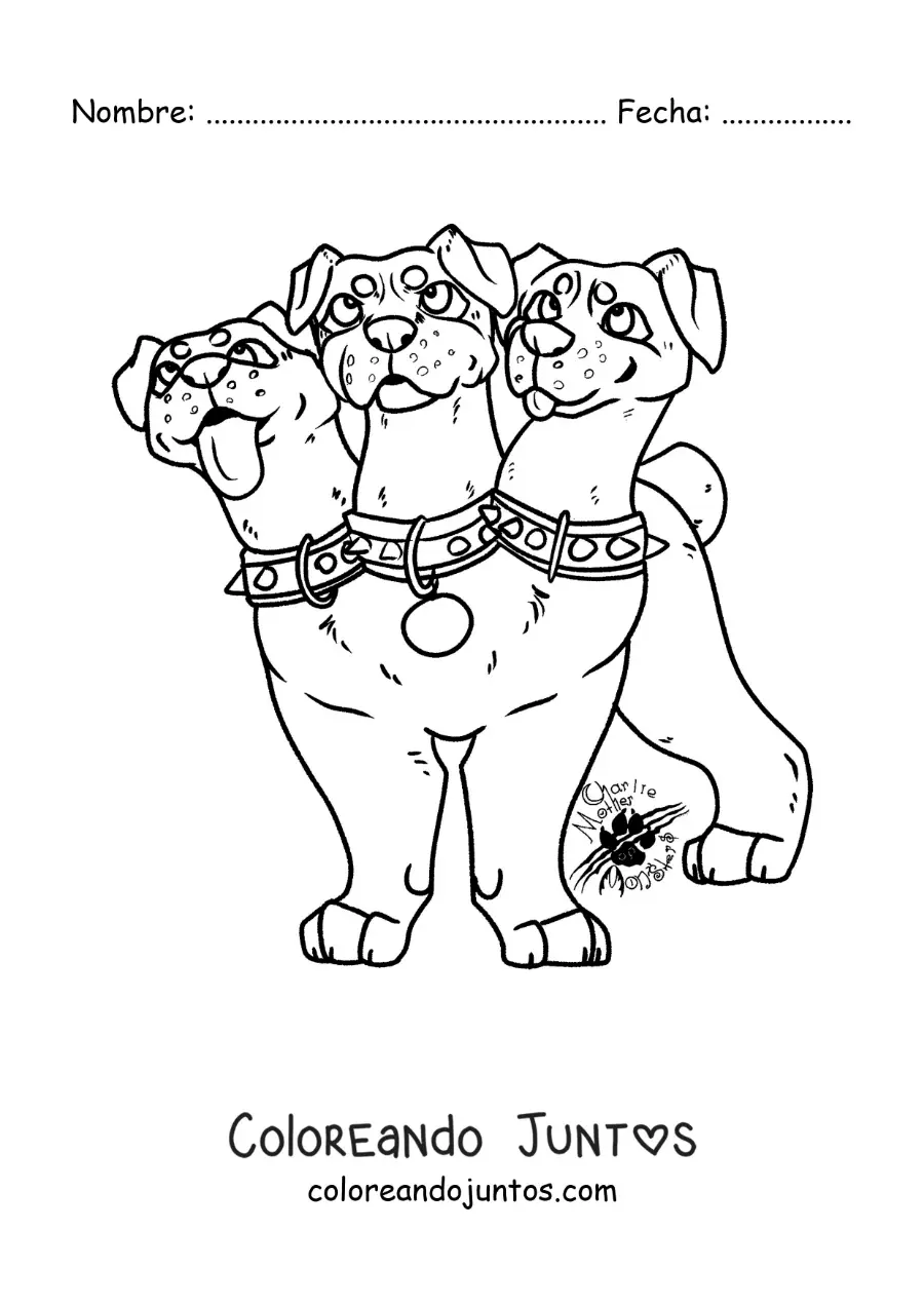 Imagen para colorear de Cerbero de la mitología griega kawaii