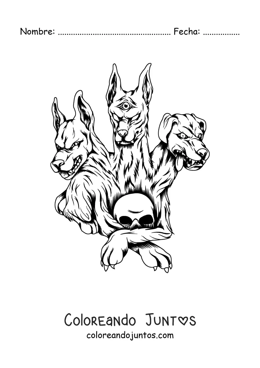 Imagen para colorear de Cerbero el guardián del inframundo con una calavera