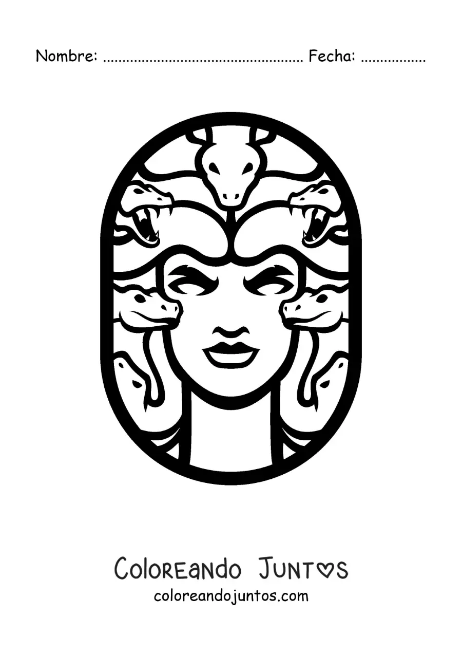 Imagen para colorear de la cabeza de Medusa con serpientes