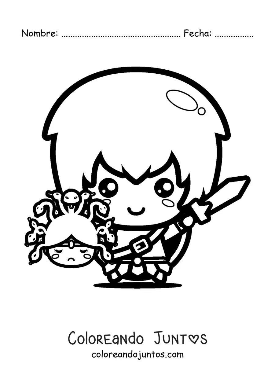 Imagen para colorear de Perseo kawaii con la cabeza de Medusa
