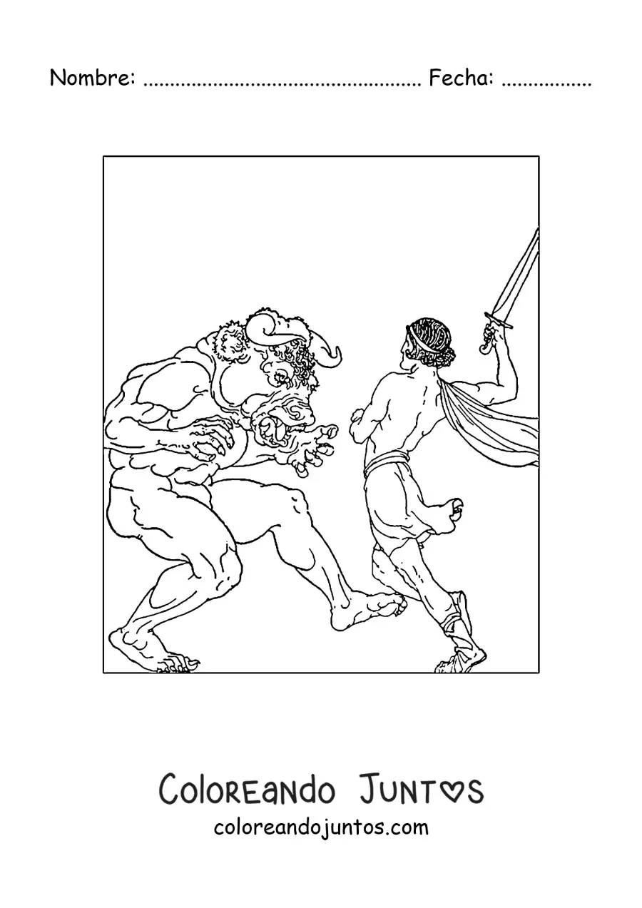 Imagen para colorear de teseo derrotando al Minotauro
