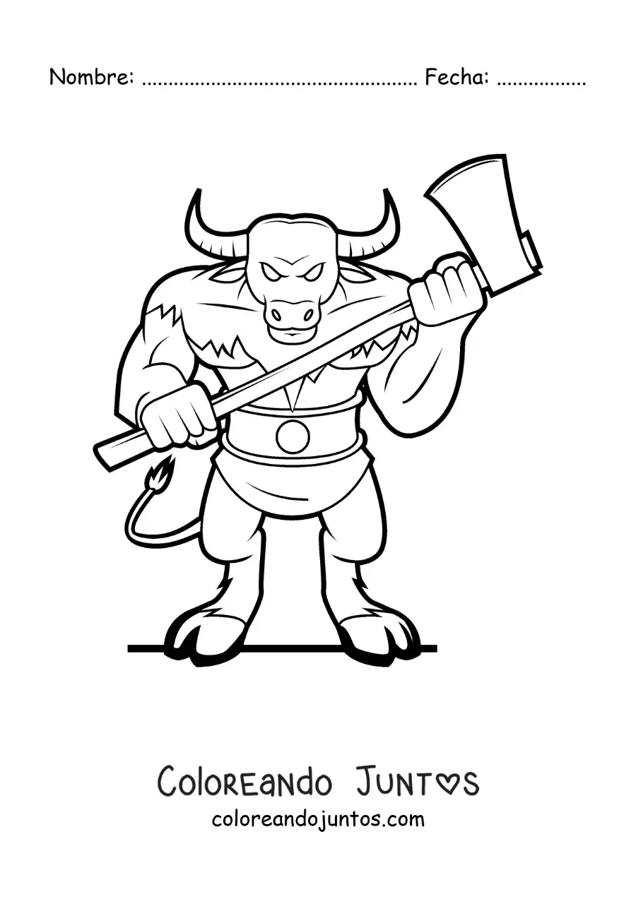 Imagen para colorear del Minotauro del laberinto con un arma
