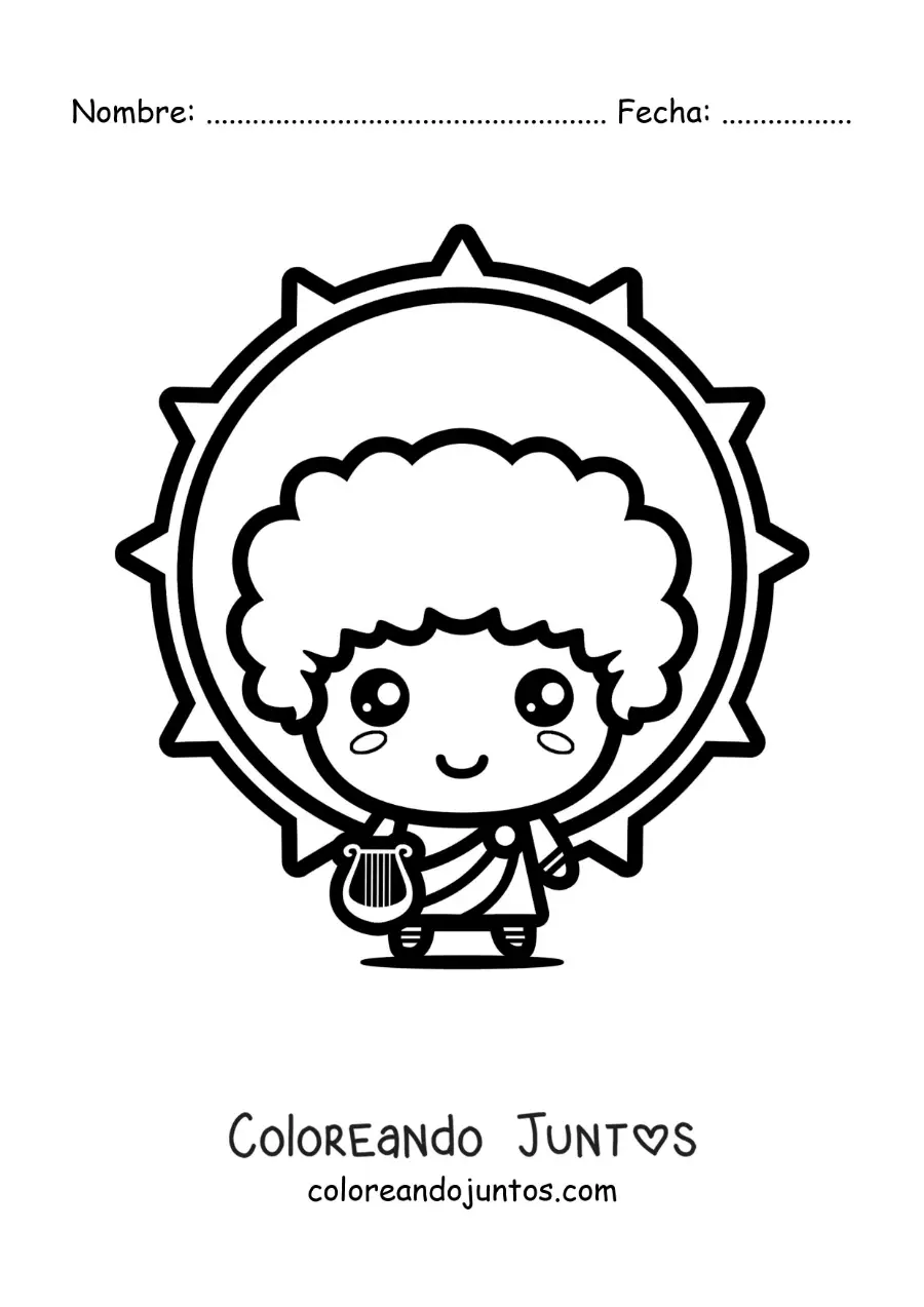 Imagen para colorear del dios Apolo y el sol animado kawaii
