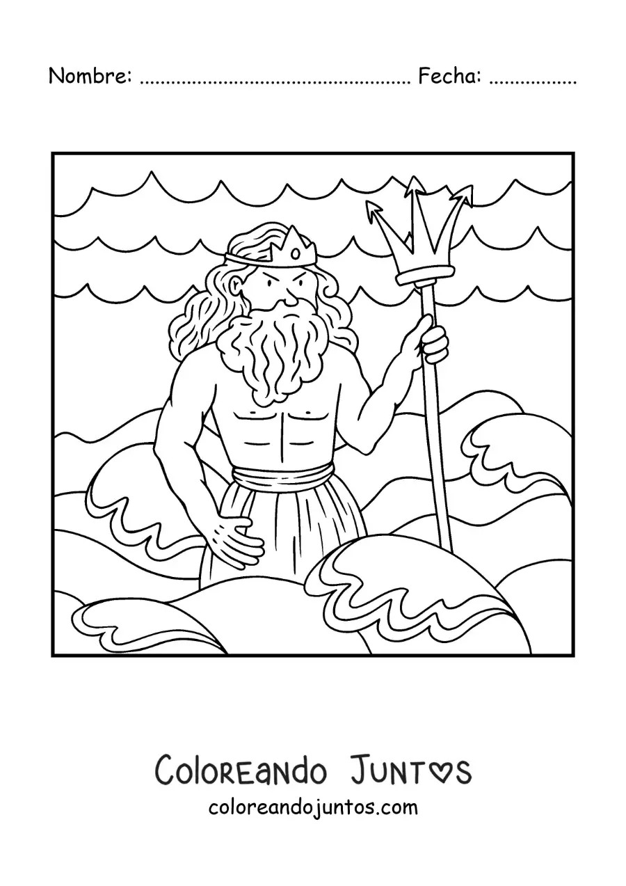 Imagen para colorear del dios Poseidón en el mar animado