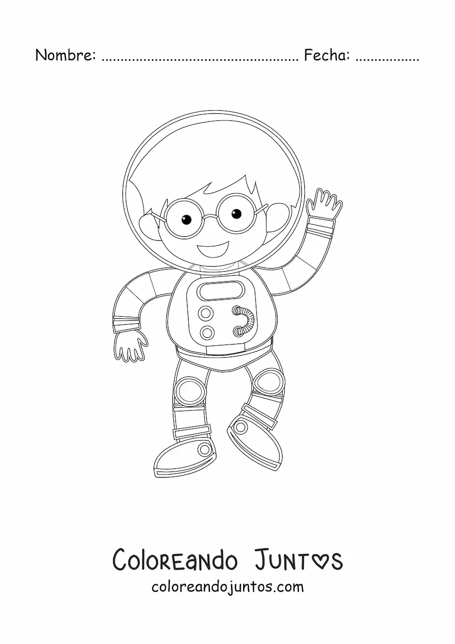 Imagen para colorear de un niño astronauta saludando