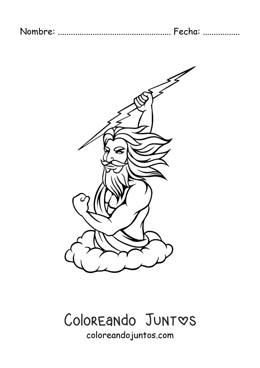 Imagen para colorear del dios griego Zeus lanzando un rayo en el cielo
