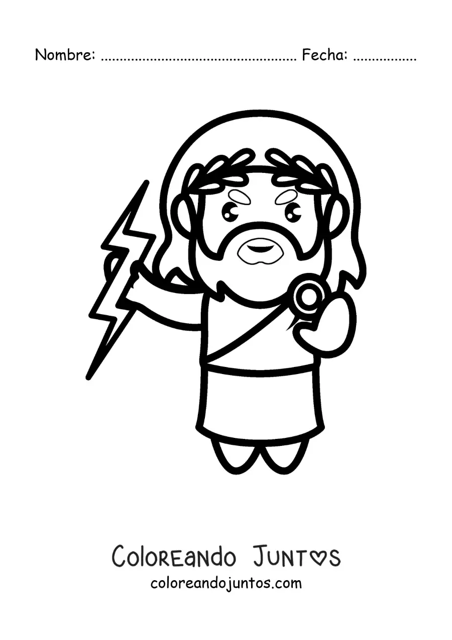 Imagen para colorear del dios de la mitología griega Zeus kawaii con un rayo