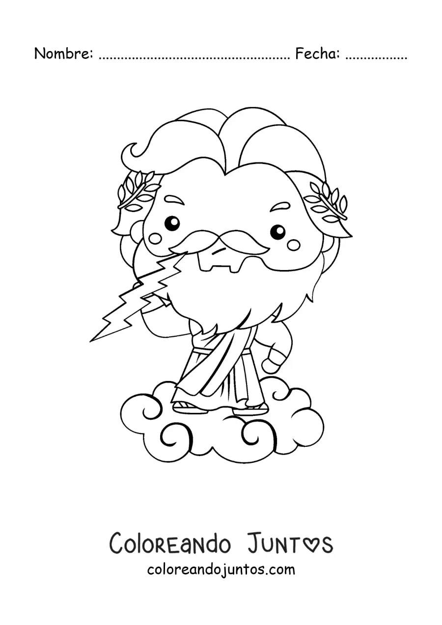Imagen para colorear de Zeus animado kawaii lanzando un rayo desde una nube