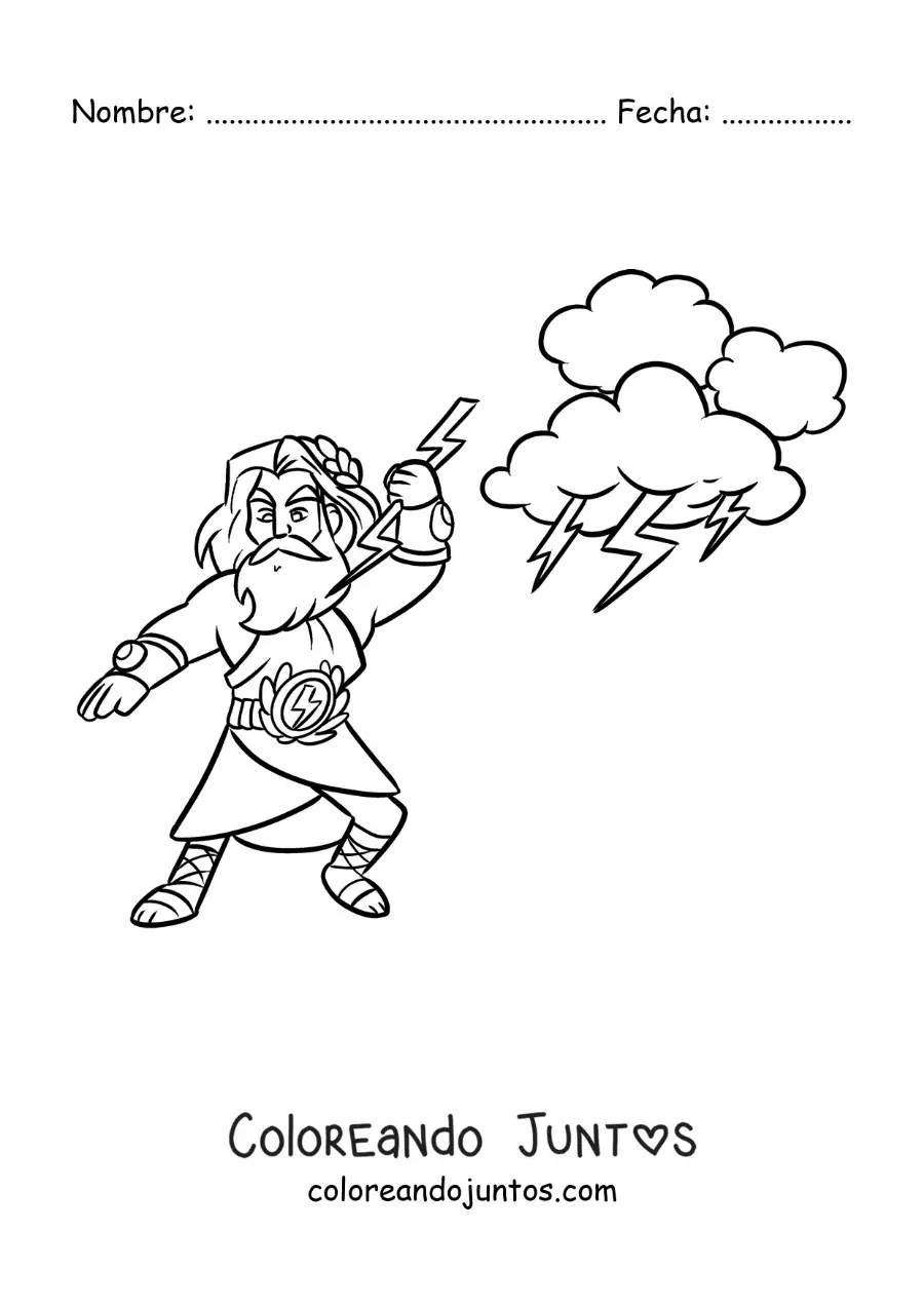 Imagen para colorear de Zeus el dios griego animado lanzando rayos