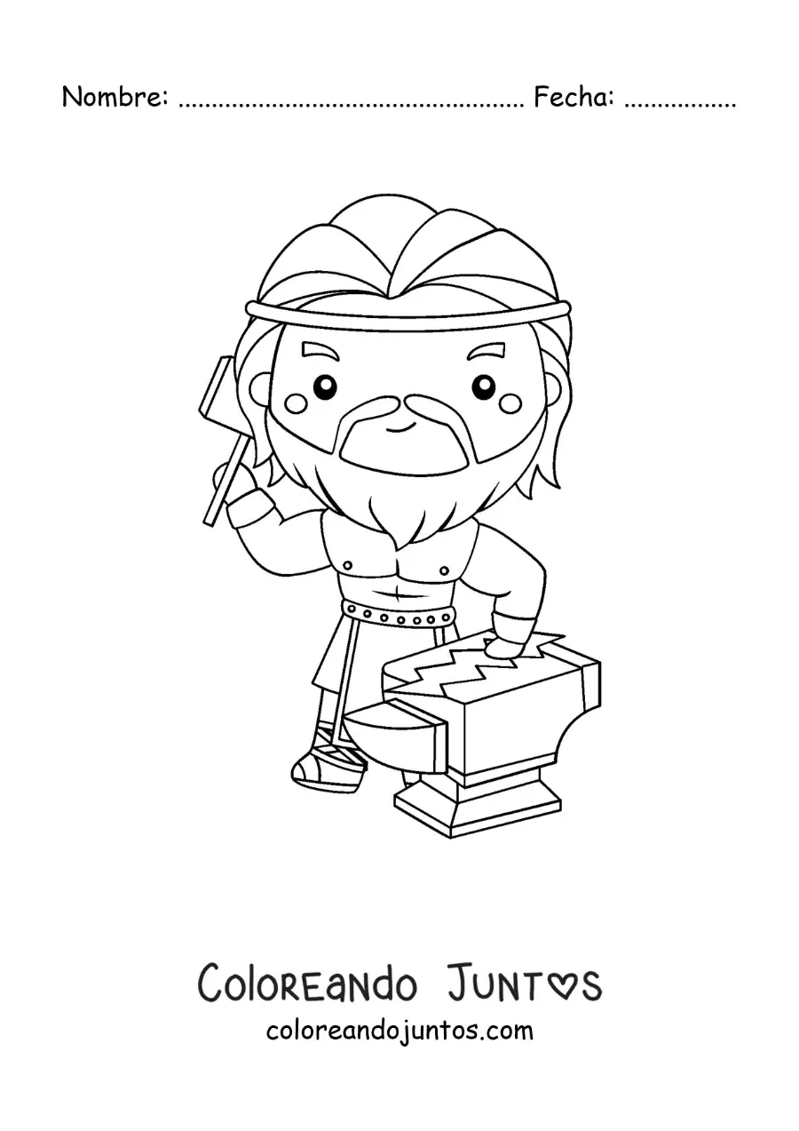 Imagen para colorear del dios griego Hefesto animado kawaii forjando un rayo