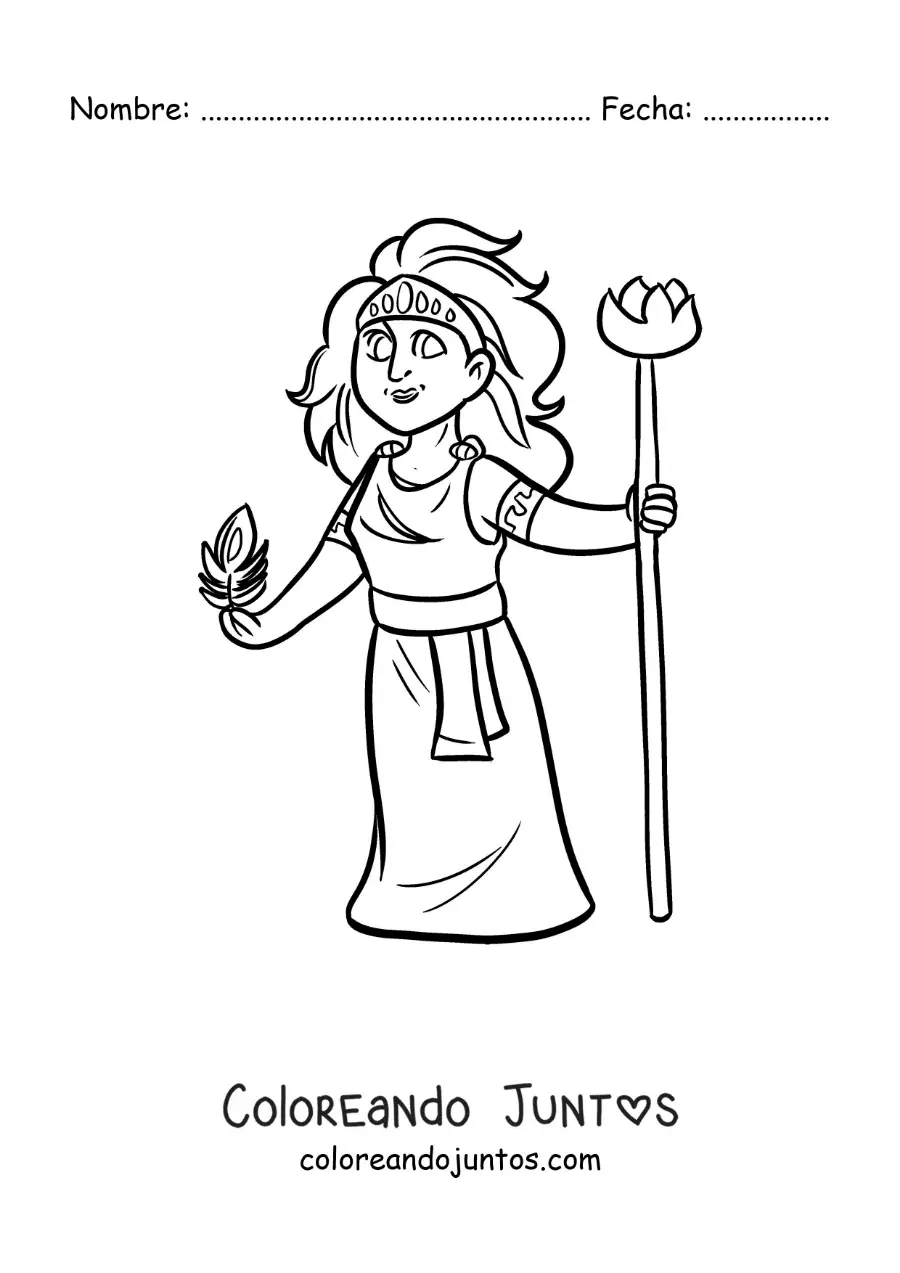 Imagen para colorear de la diosa Hera animada con una pluma de pavo real