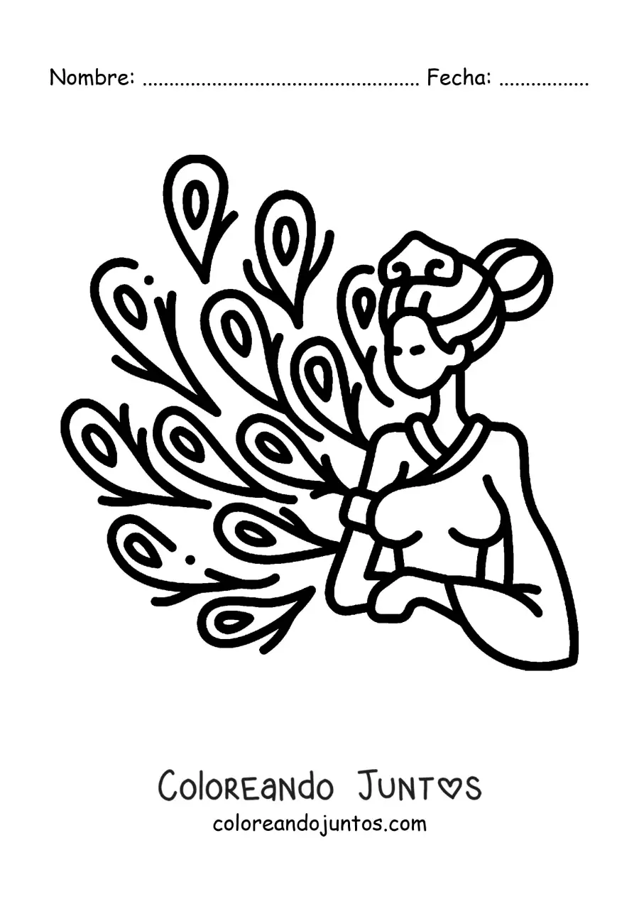 Imagen para colorear de la diosa griega Hera con plumas de pavo real