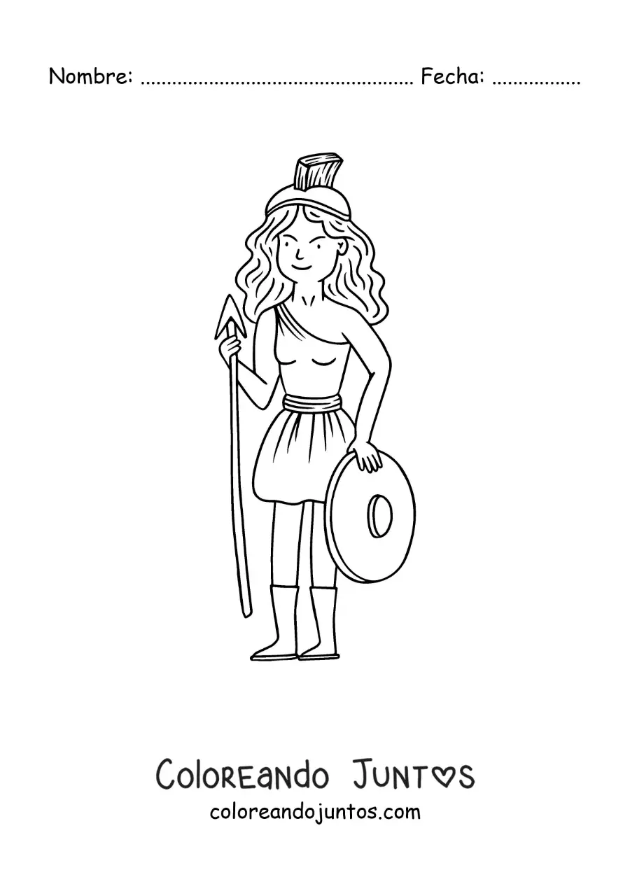 Imagen para colorear de Atenea la diosa griega animada con su lanza y escudo de guerrera