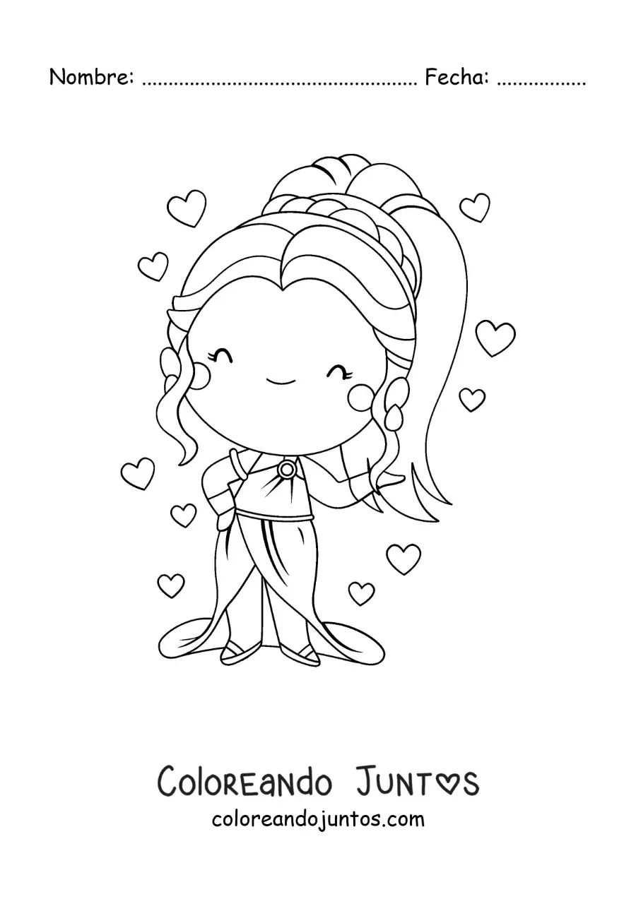 Imagen para colorear de la diosa Afrodita kawaii con corazones