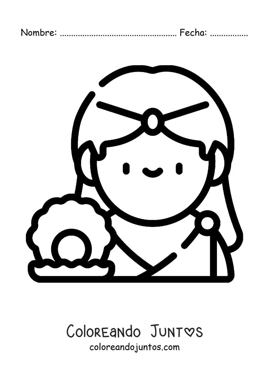 Imagen para colorear de la diosa del amor Afrodita animada fácil con una concha marina
