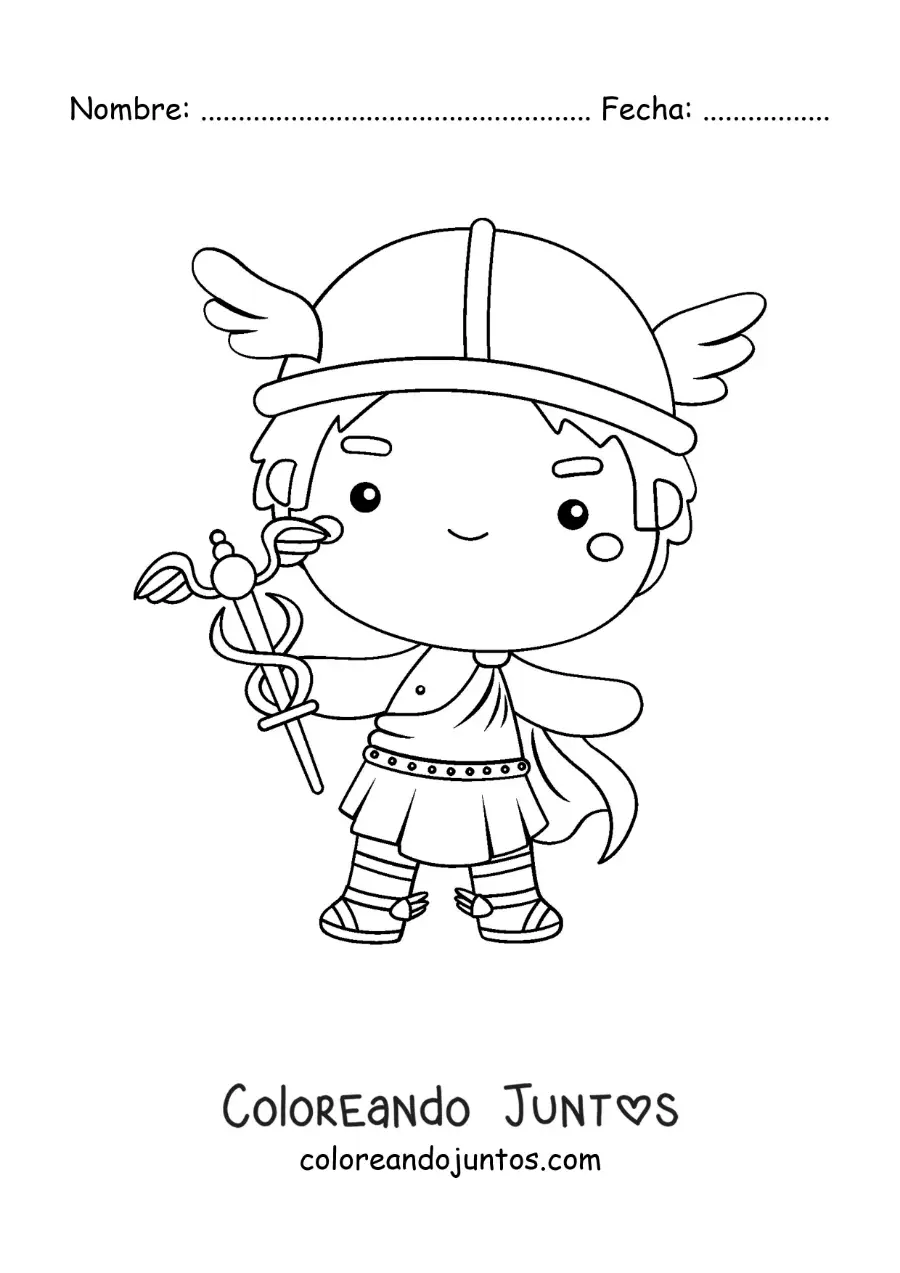 Imagen para colorear del dios Hermes animado kawaii con su caduceo
