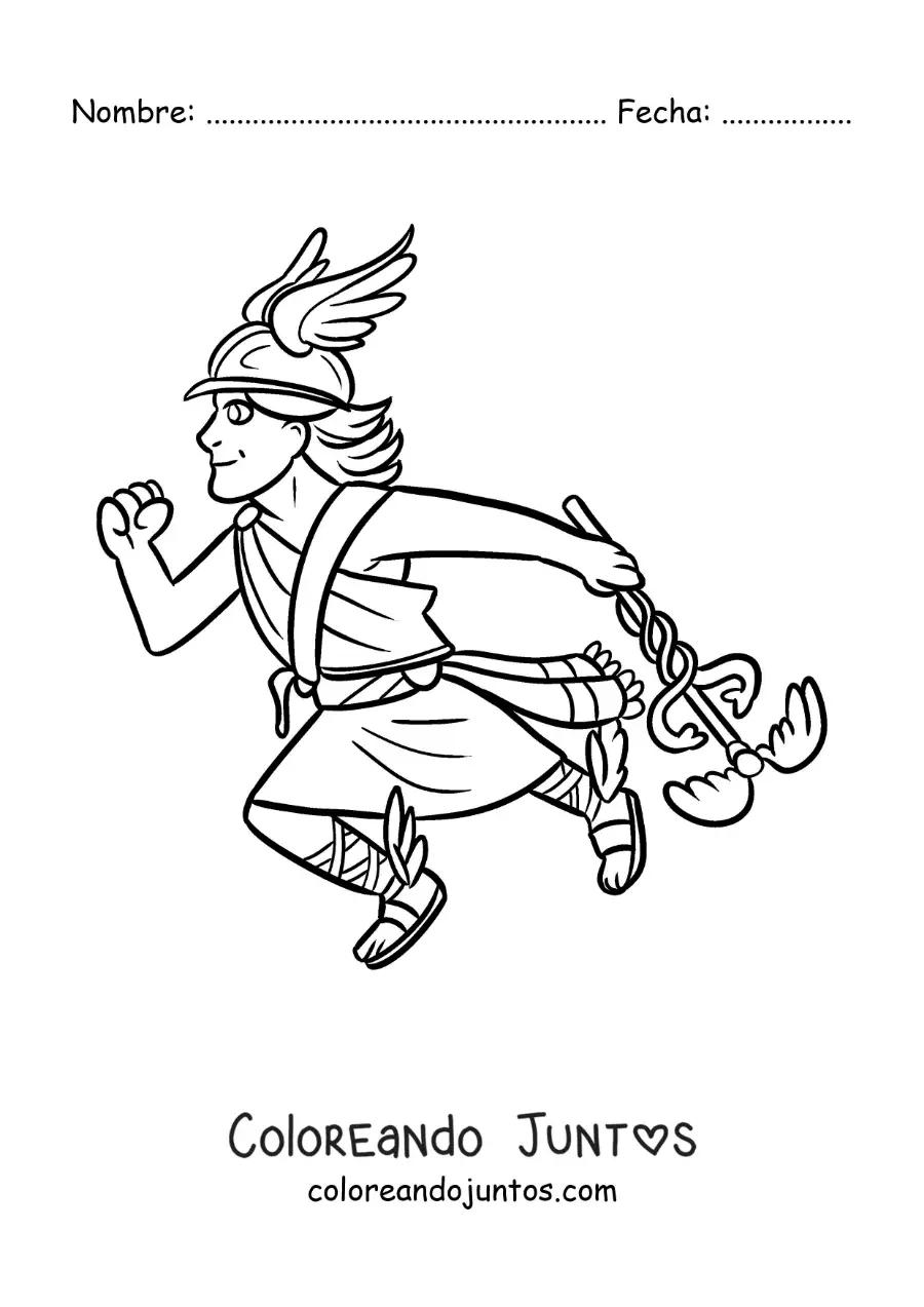 Imagen para colorear del dios Hermes animado kawaii volando con sus sandalias aladas