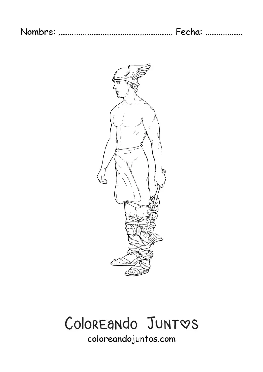Imagen para colorear de Hermes realista con su casco alado y su bastón