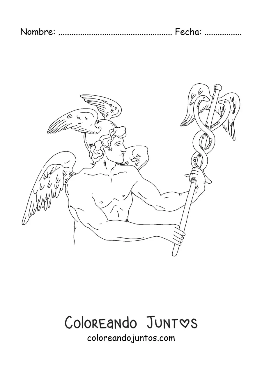 Imagen para colorear del dios mensajero Hermes realista sosteniendo su bastón