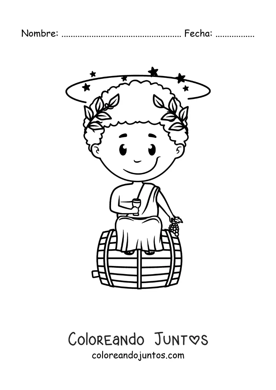 Imagen para colorear del dios Dionisio animado kawaii sentado sobre un barril de vino