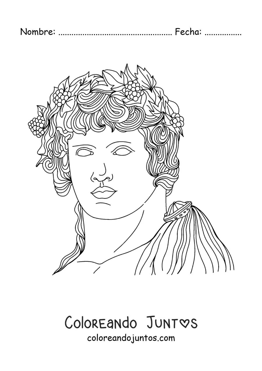 Imagen para colorear de estatua del rostro de Dionisio con su corona de hojas
