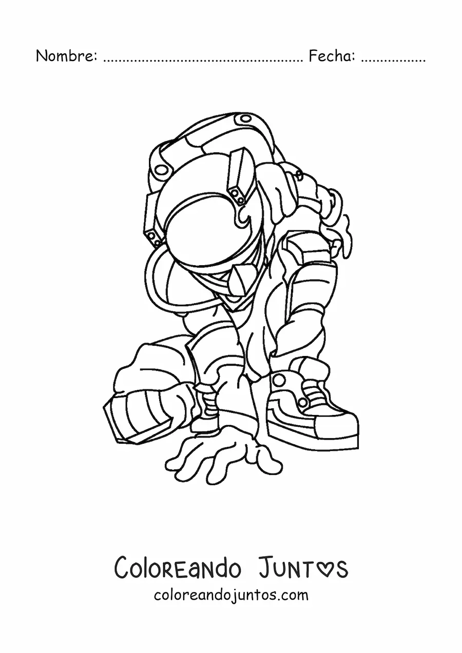 Imagen para colorear de un astronauta en traje espacial agachado