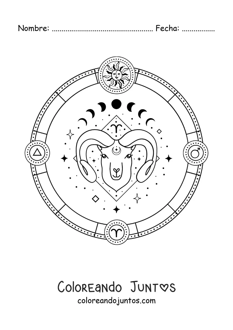 Imagen para colorear del signo zodiacal aries con su símbolo