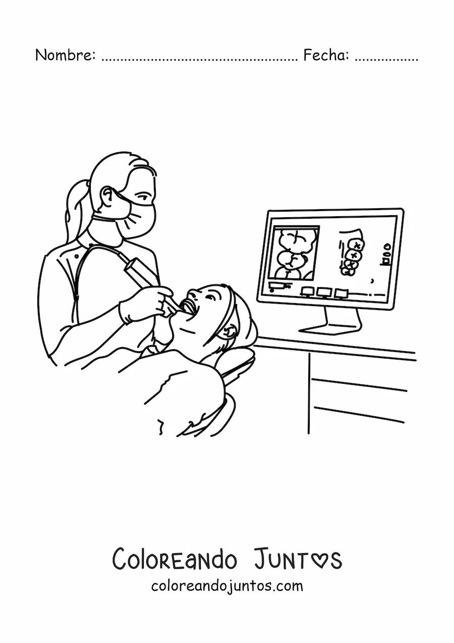 Imagen para colorear de una mujer dentista y un paciente en la silla de consulta