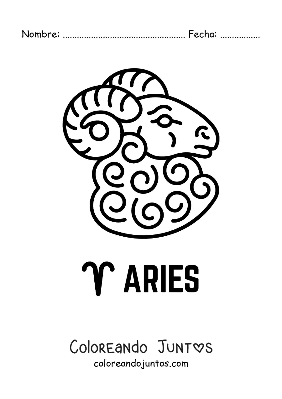 Imagen para colorear de carnero de aries animado con la letra mu y el nombre