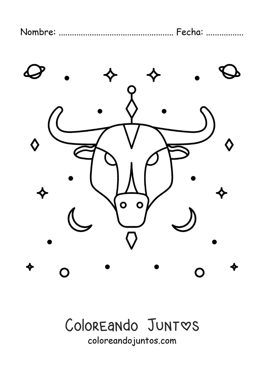 Imagen para colorear del toro del signo tauro con estrellas y astros