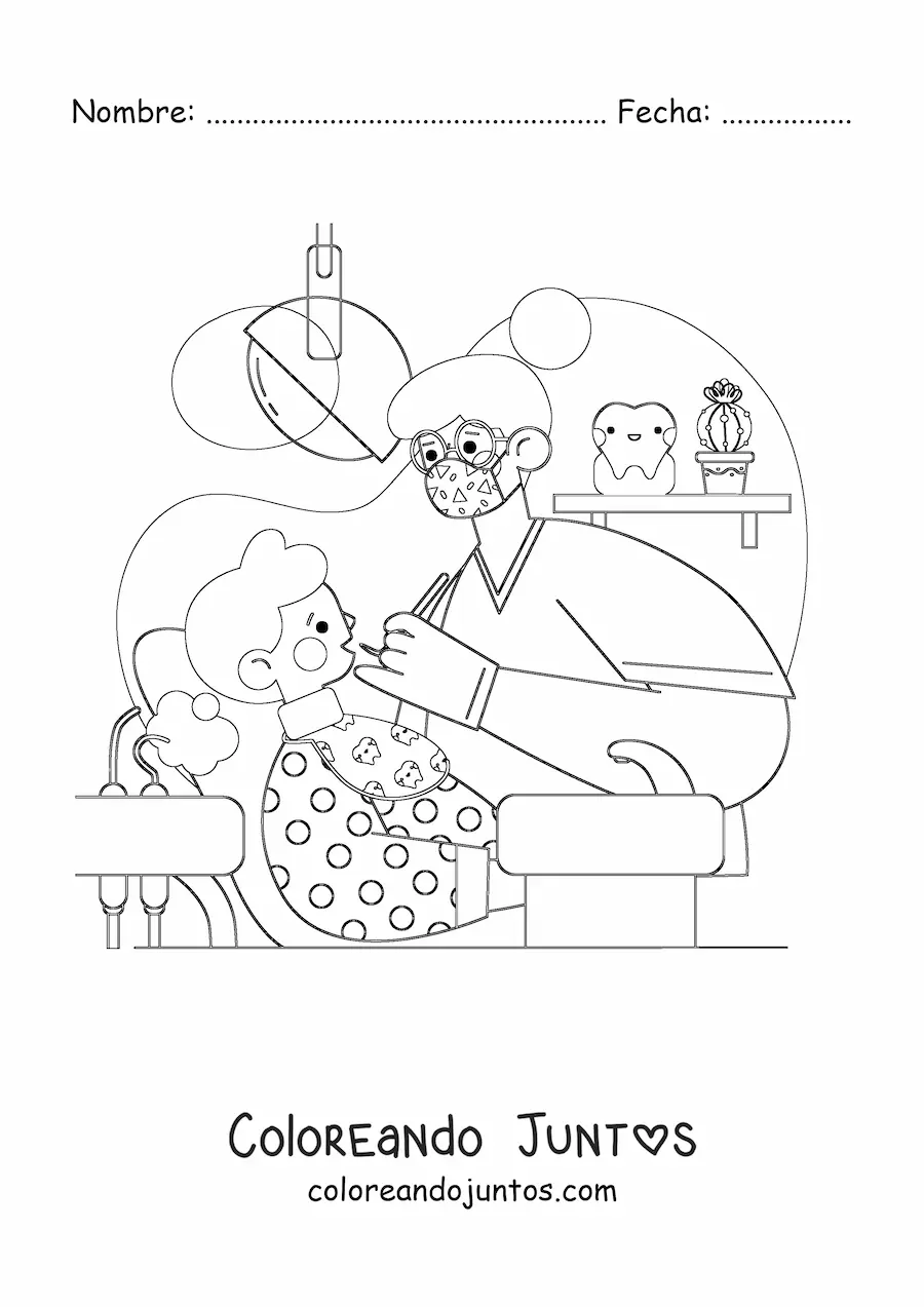 Imagen para colorear de una dentista atendiendo a una niña en el consultorio