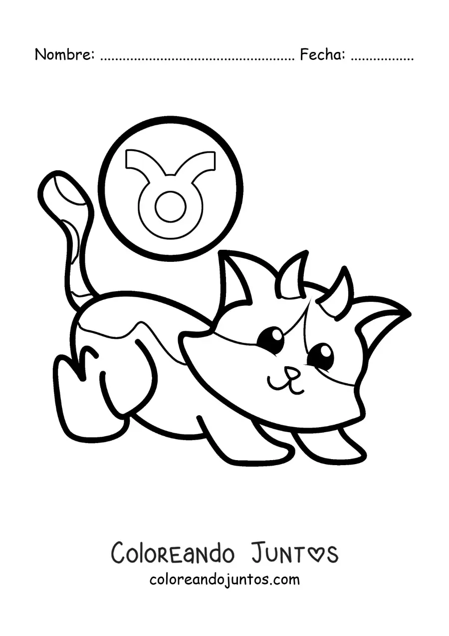Imagen para colorear de gato animado del signo tauro con su símbolo