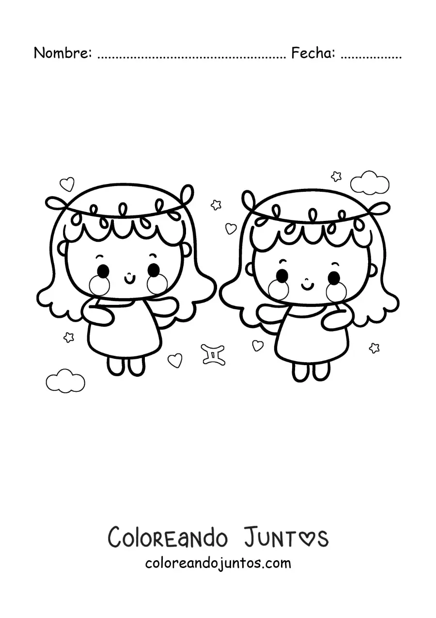 Imagen para colorear de gemelas del signo géminis kawaii con su símbolo