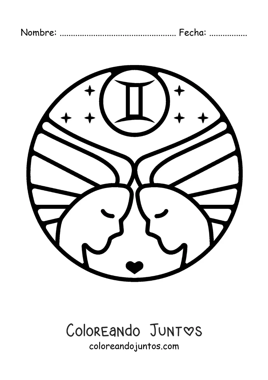 Imagen para colorear de gemelas del signo géminis animadas fácil con un corazón